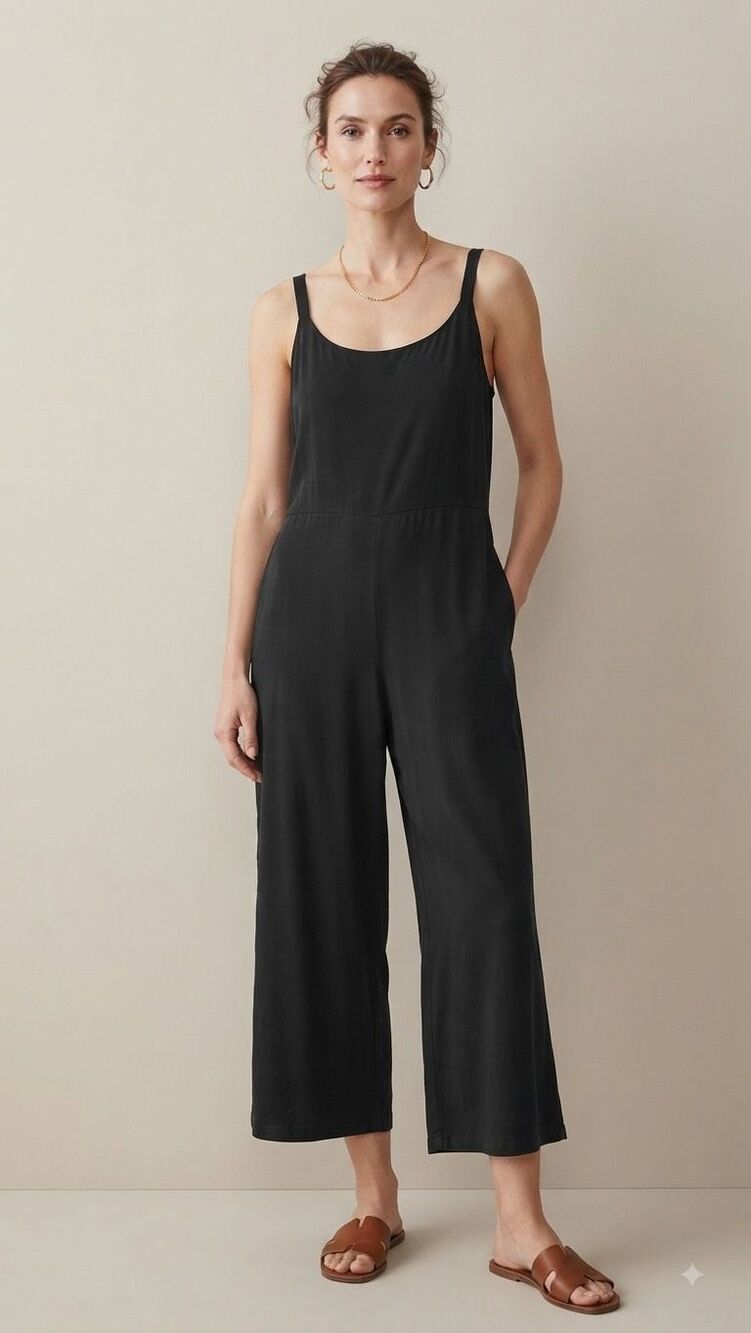 Eileen Fisher Black Jersey Cami  Crop Jumpsuit Size Large L